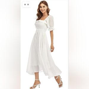 R. Yiposha Swiss Dot White Peasant Smocked Ruffle Midi Dress Size Large 12/14